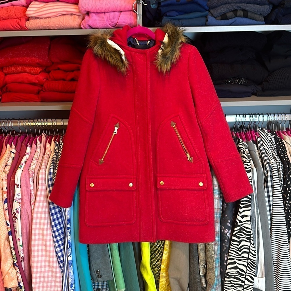 J Crew red Italian Stadium Cloth 80% wool coat with detachable hood size 2